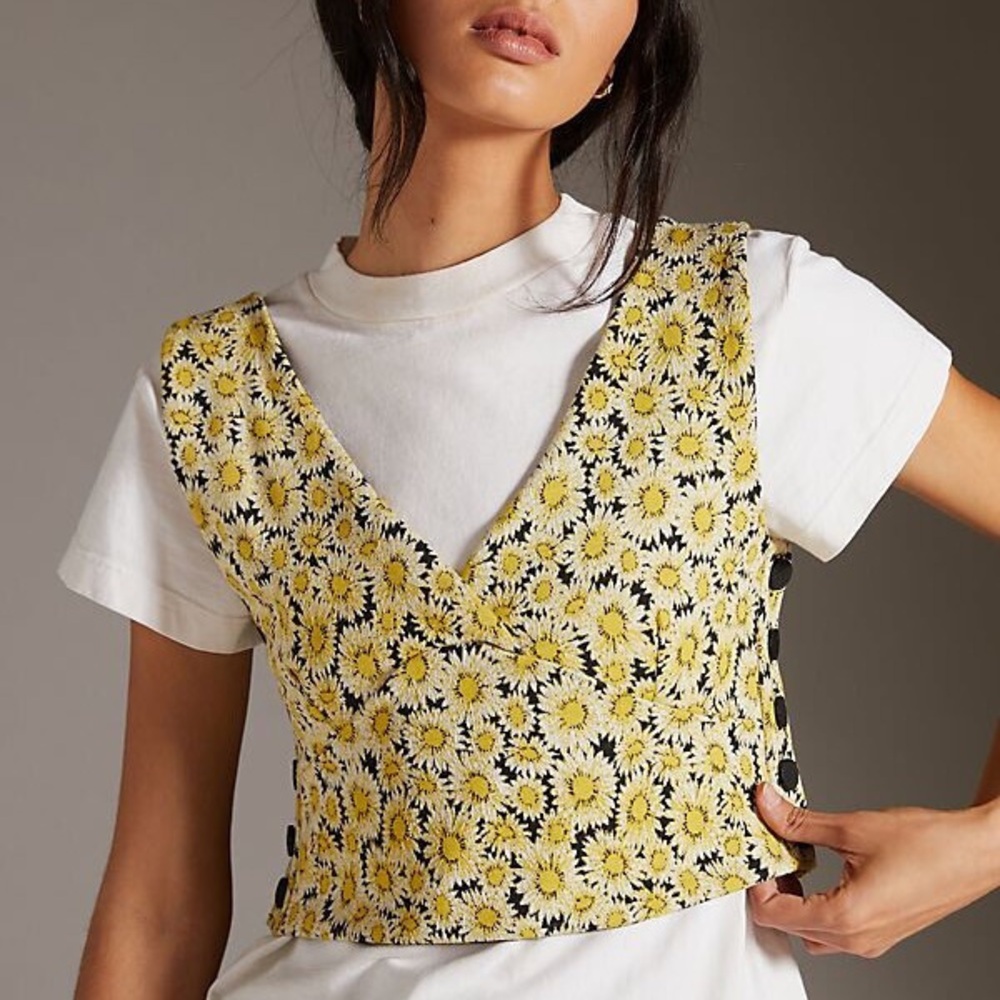 Maeve by Anthropologie Floral Yellow and Black Women's Vest